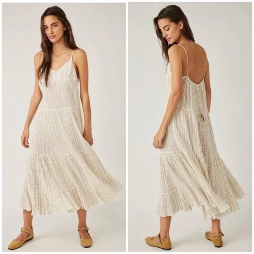 NWT Free People Marigold Gauzy Plaid Tiered Maxi Dress in Canvas Combo Sz XL - Picture 7 of 16